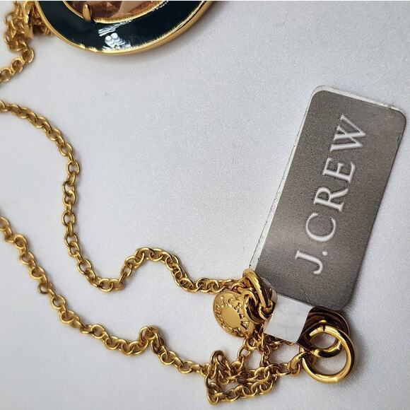 J Crew Crystal Pendant Necklace Green Enamel Oval on Gold Chain NWT - Picture 2 of 4